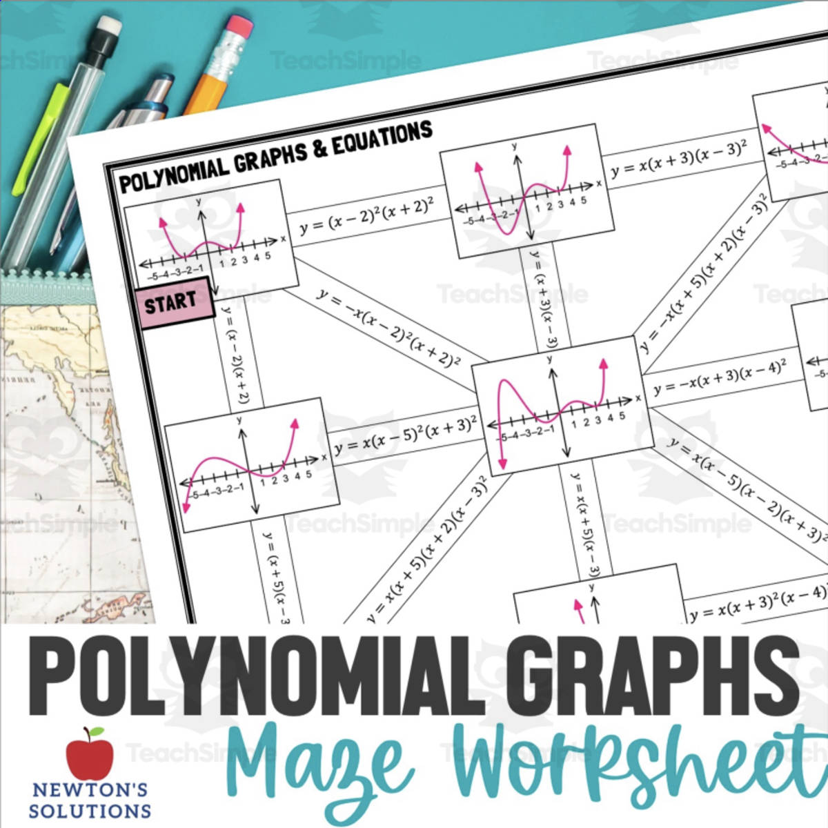An educational teaching resource from Newtons Solutions entitled Polynomial Graphs and Equations Maze Activity downloadable at Teach Simple.