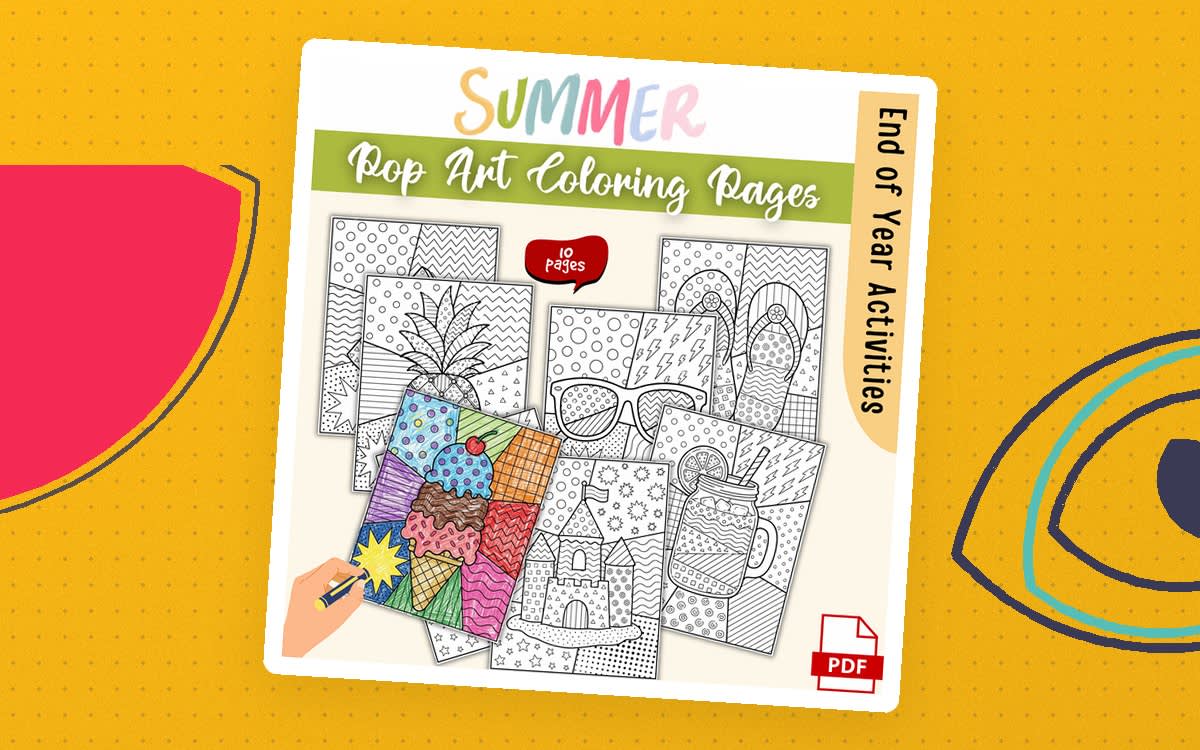 An educational teaching resource from Sadigitalart entitled Pop Art Summer Coloring Pages | End of Year Activities | Summer Break downloadable at Teach Simple.