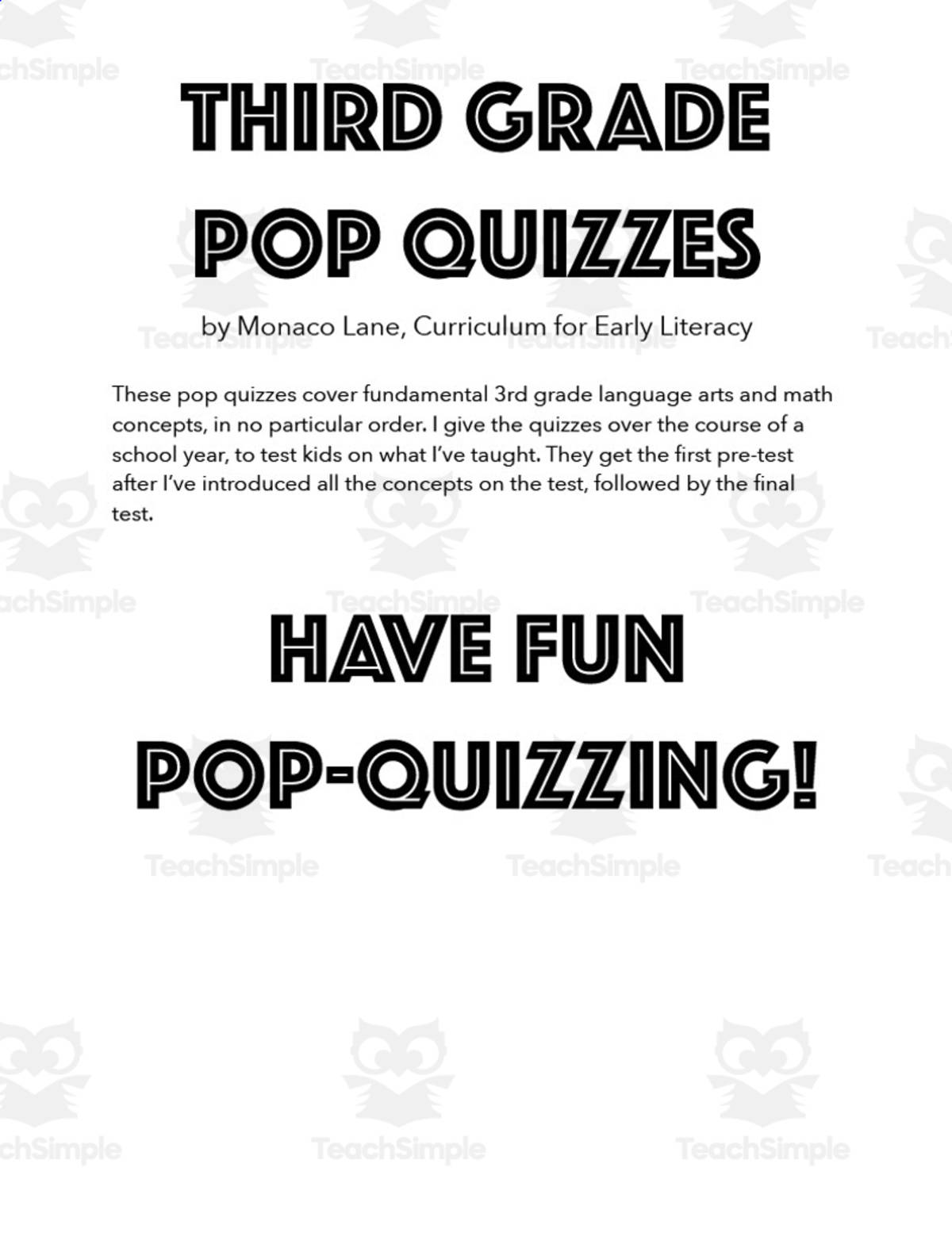 An educational teaching resource from Monaco Lane Curriculum for Early Literacy entitled Pop Quizzes for 3rd Grade – 6-Quiz Set downloadable at Teach Simple.