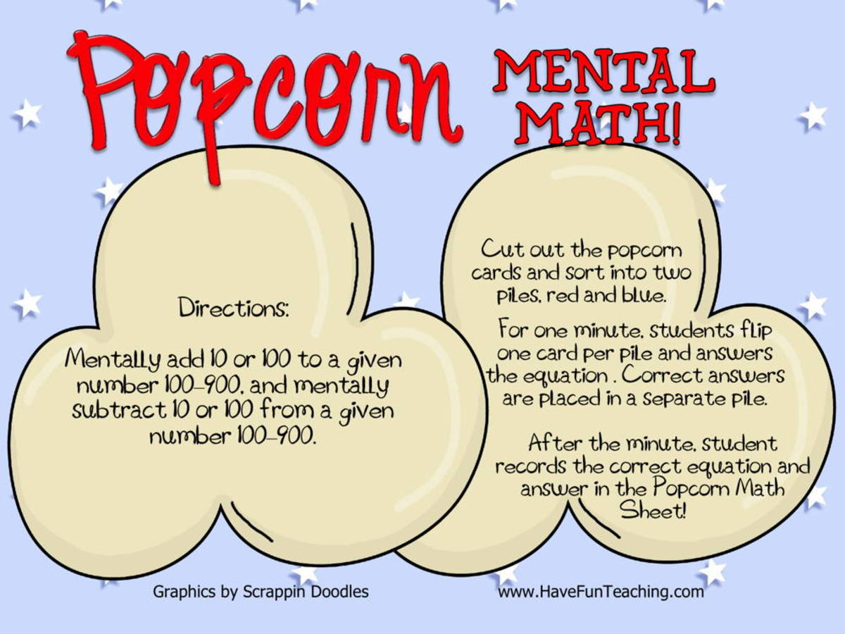 An educational teaching resource from Have Fun Teaching entitled Popcorn Mental Math Activity downloadable at Teach Simple.
