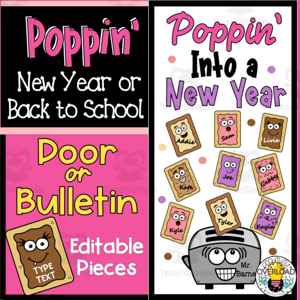 An educational teaching resource from Creativity Overload entitled Poppin' Into a New Year Back to School Bulletin Board downloadable at Teach Simple.