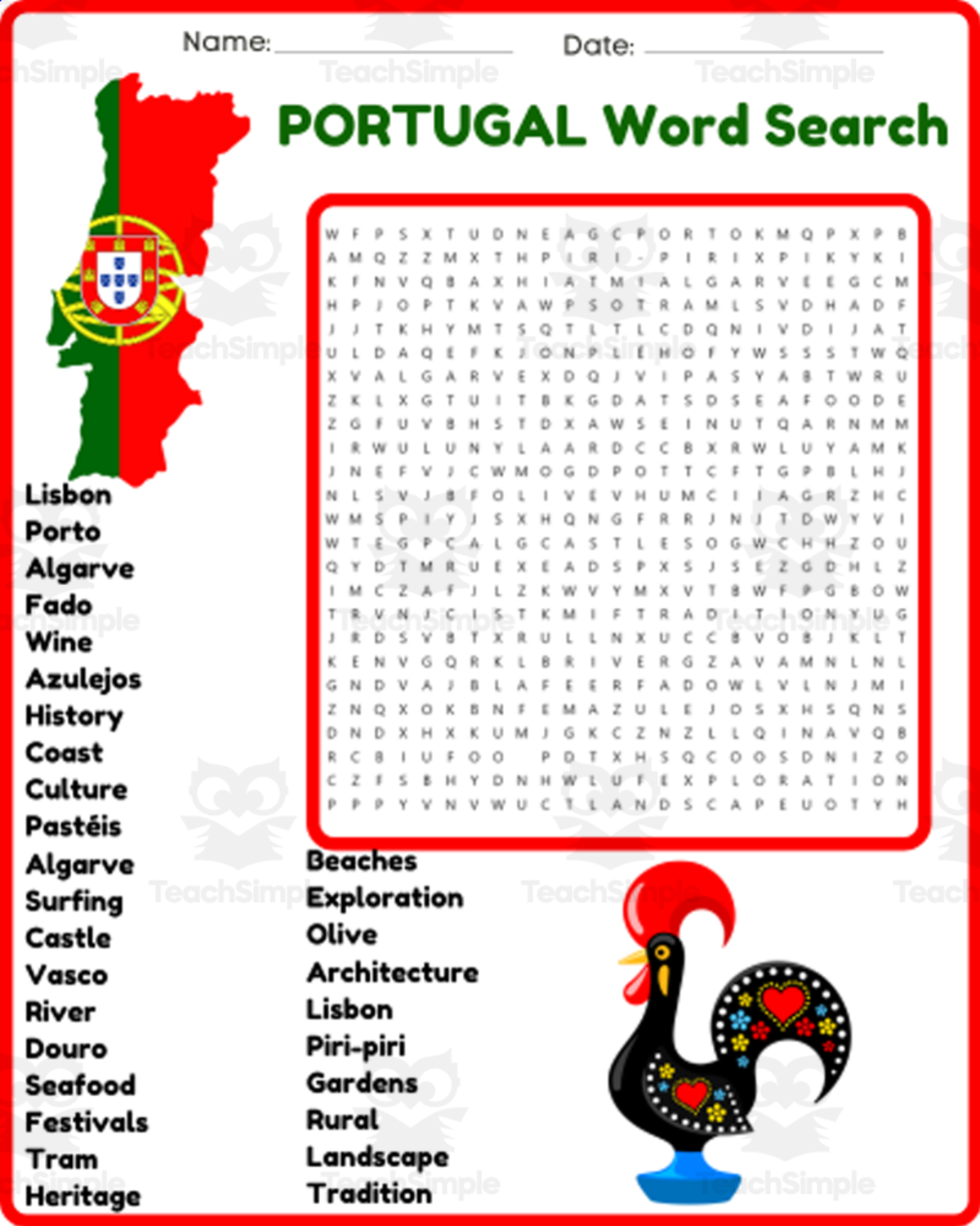 An educational teaching resource from space shope entitled PORTUGAL Word Search Puzzle Worksheet Activity downloadable at Teach Simple.