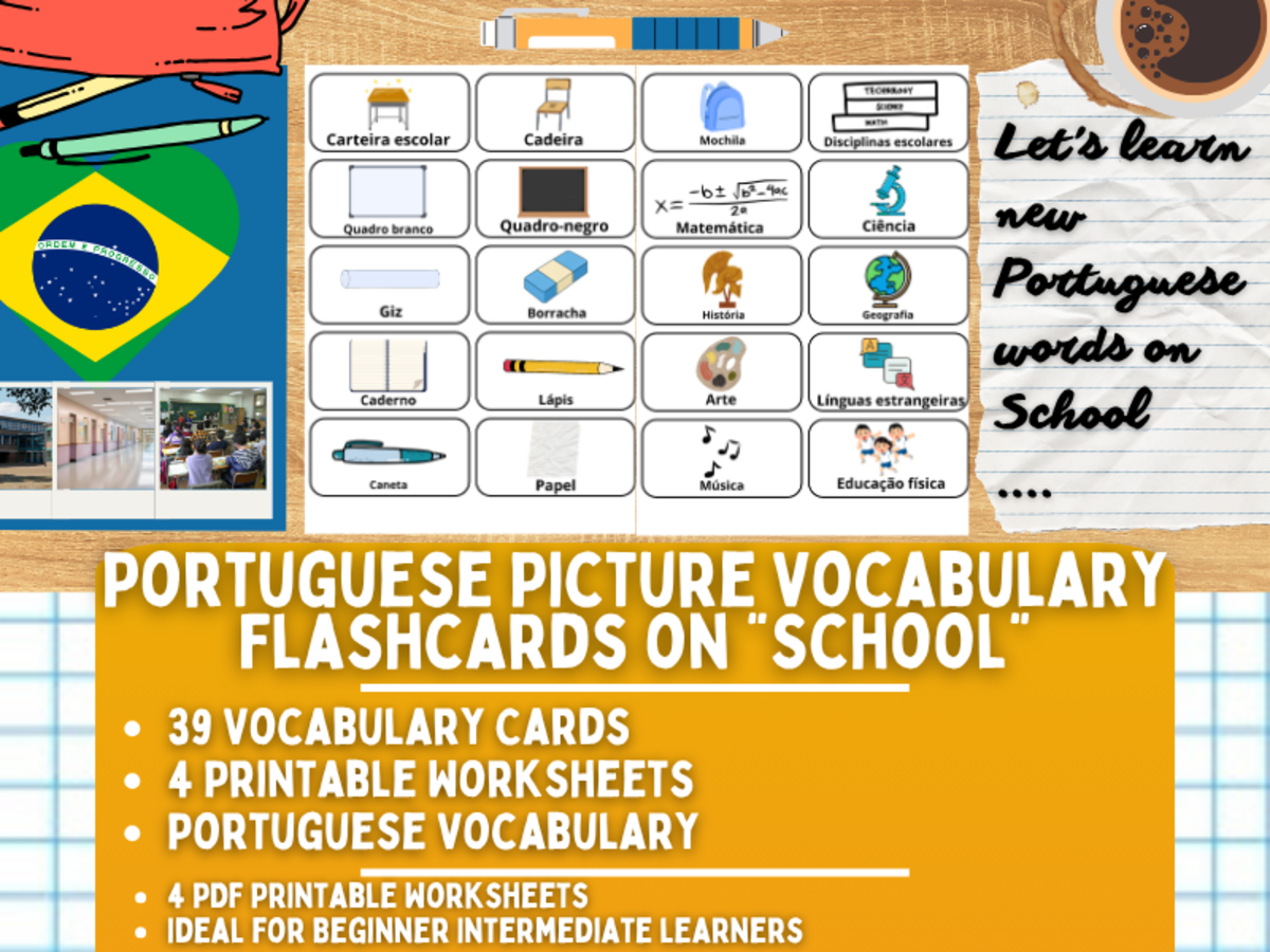 An educational teaching resource from Learning with Alan entitled Portuguese Picture Vocabulary Flashcards - School downloadable at Teach Simple.