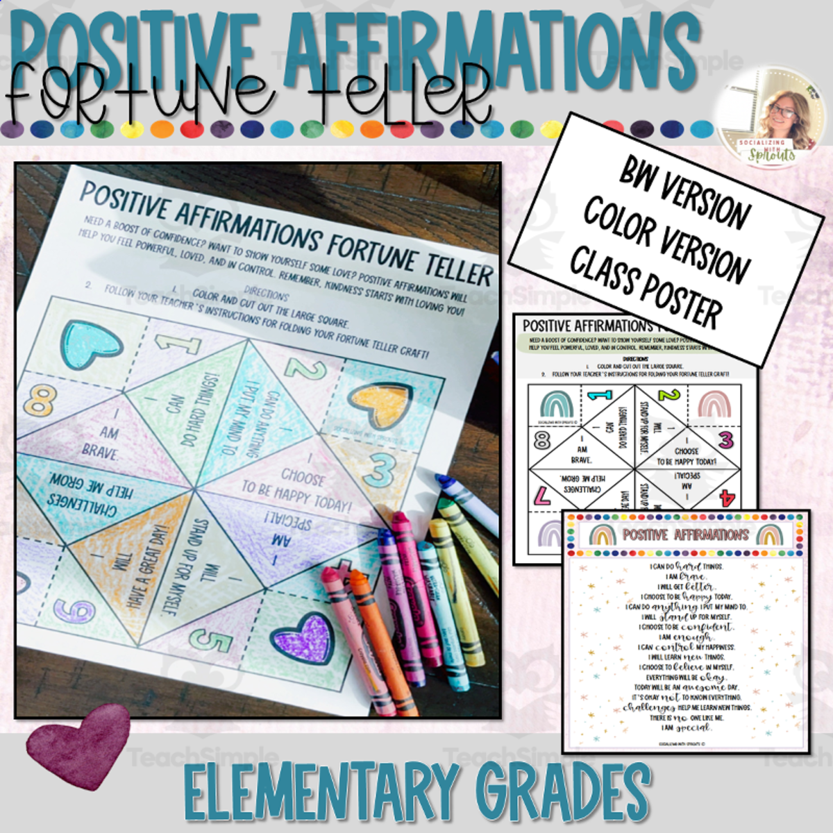 An educational teaching resource from Socializing with Sprouts entitled Positive Affirmations Fortune Craft, Mindfulness for Kids, SEL Craft downloadable at Teach Simple.