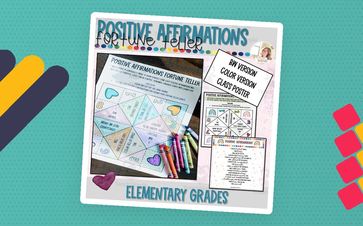An educational teaching resource from Socializing with Sprouts entitled Positive Affirmations Fortune Craft, Mindfulness for Kids, SEL Craft downloadable at Teach Simple.