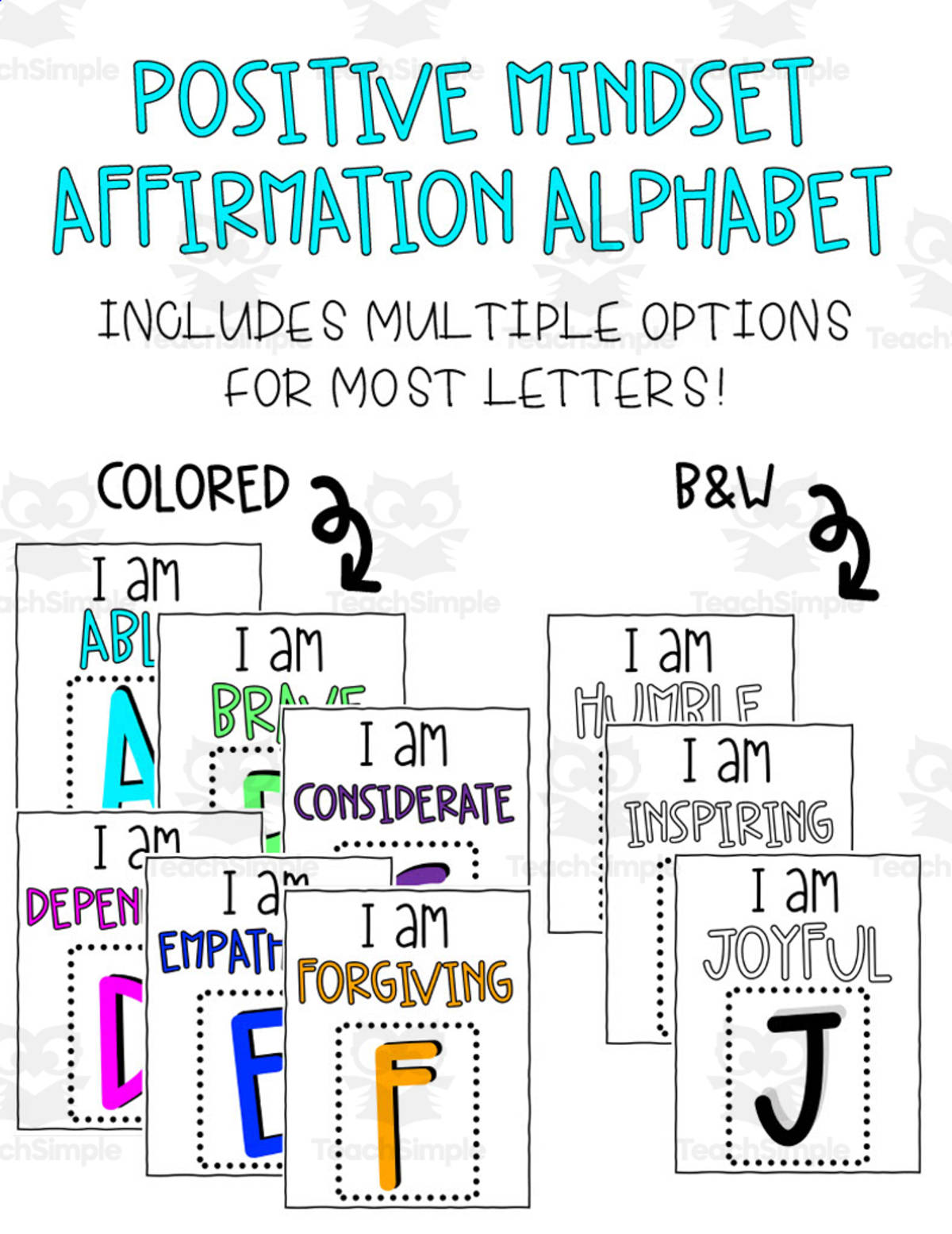 An educational teaching resource from Brook Creaser entitled Positive Mindset Affirmation Alphabet downloadable at Teach Simple.