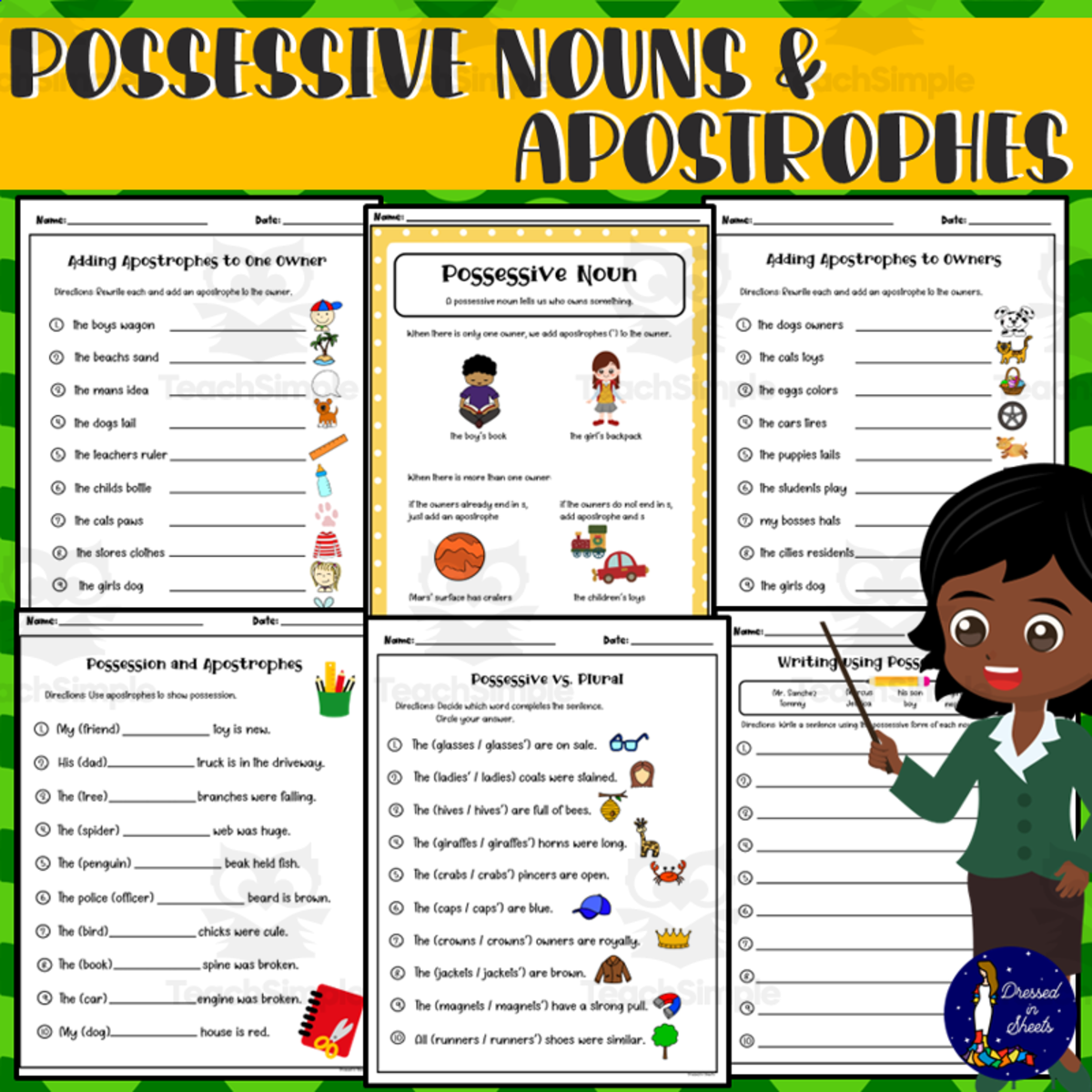 An educational teaching resource from Soumara Siddiqui entitled Possessive Nouns and Apostrophes downloadable at Teach Simple.