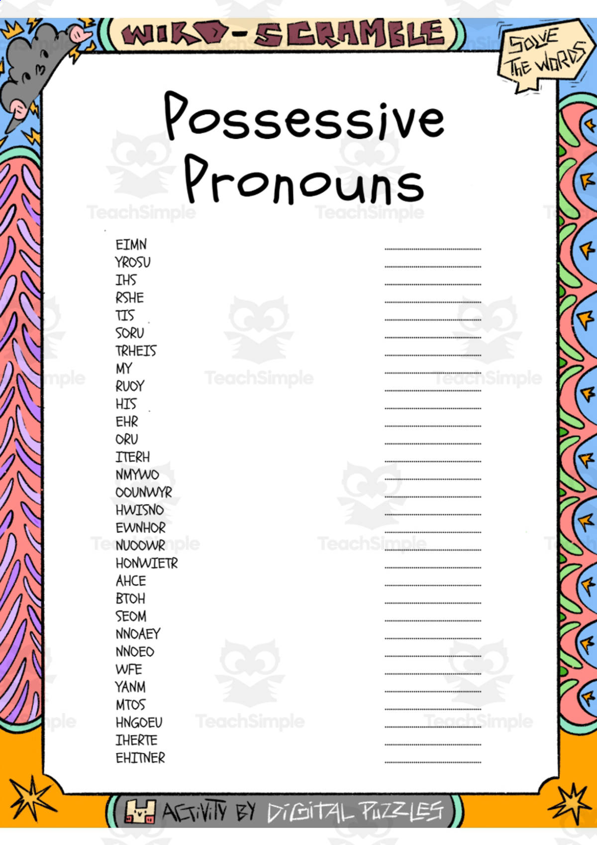 An educational teaching resource from Lapiiin Art Activities entitled Possessive Pronouns word Scramble puzzle worksheet downloadable at Teach Simple.