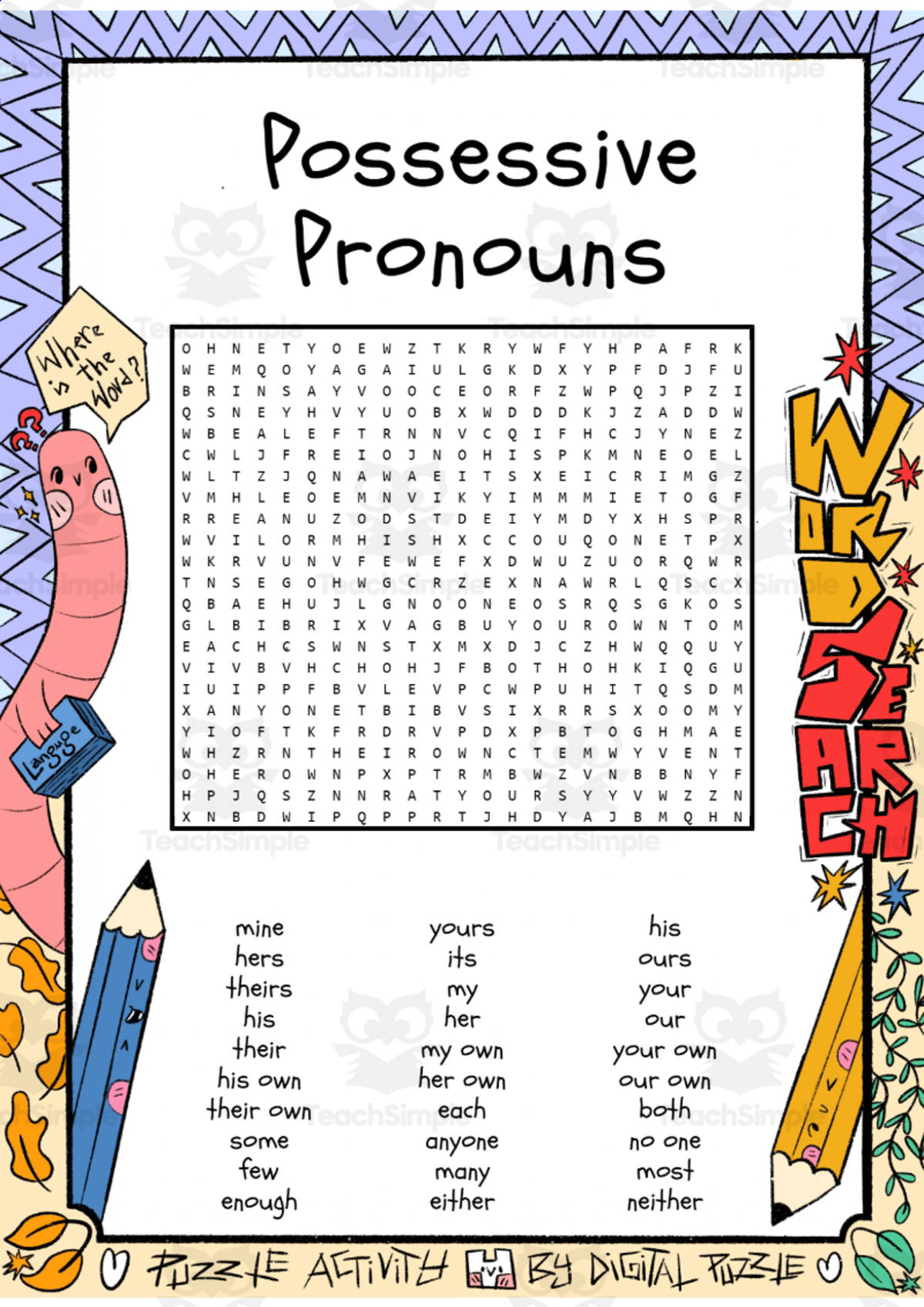 An educational teaching resource from Lapiiin Art Activities entitled Possessive Pronouns word search puzzle worksheet activity downloadable at Teach Simple.