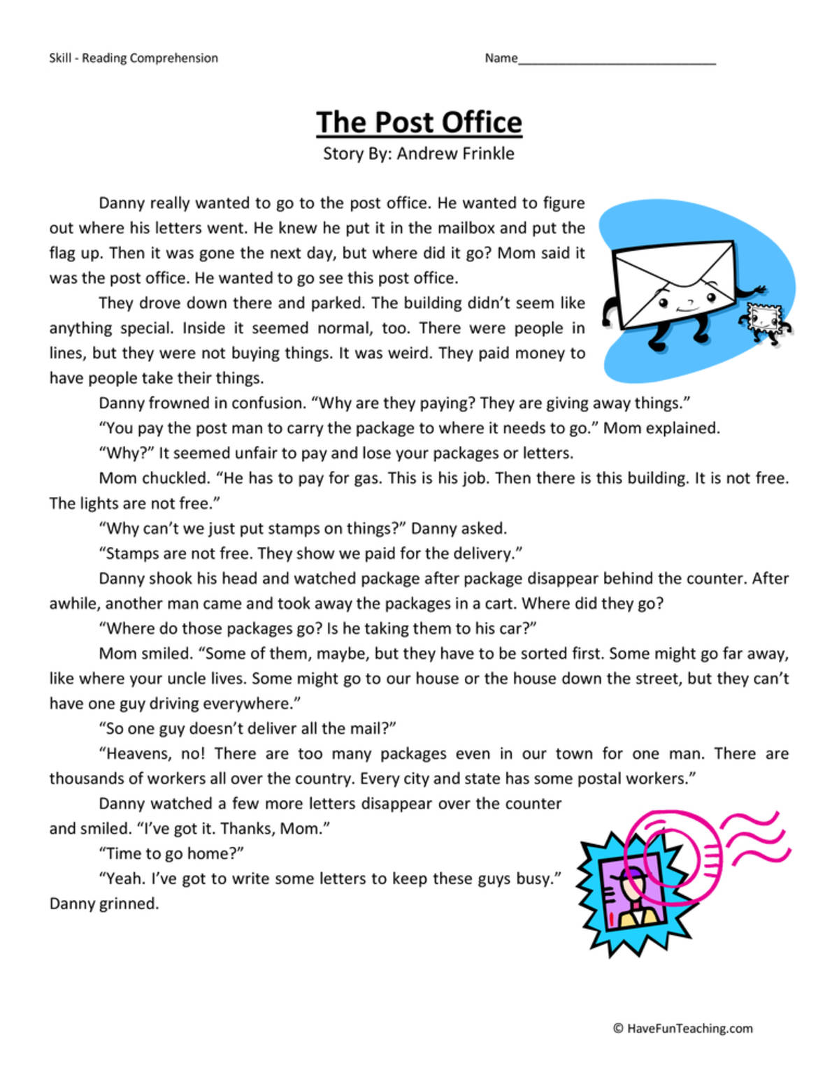 An educational teaching resource from Have Fun Teaching entitled Post Office Reading Comprehension Worksheet downloadable at Teach Simple.