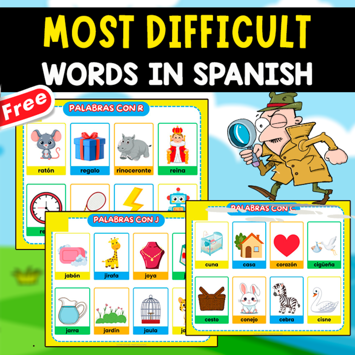 An educational teaching resource from EDITORIAL LAURA EDUCA entitled POSTERS OF MOST DIFFICULT WORDS IN SPANISH | 11 FREE POSTERS downloadable at Teach Simple.