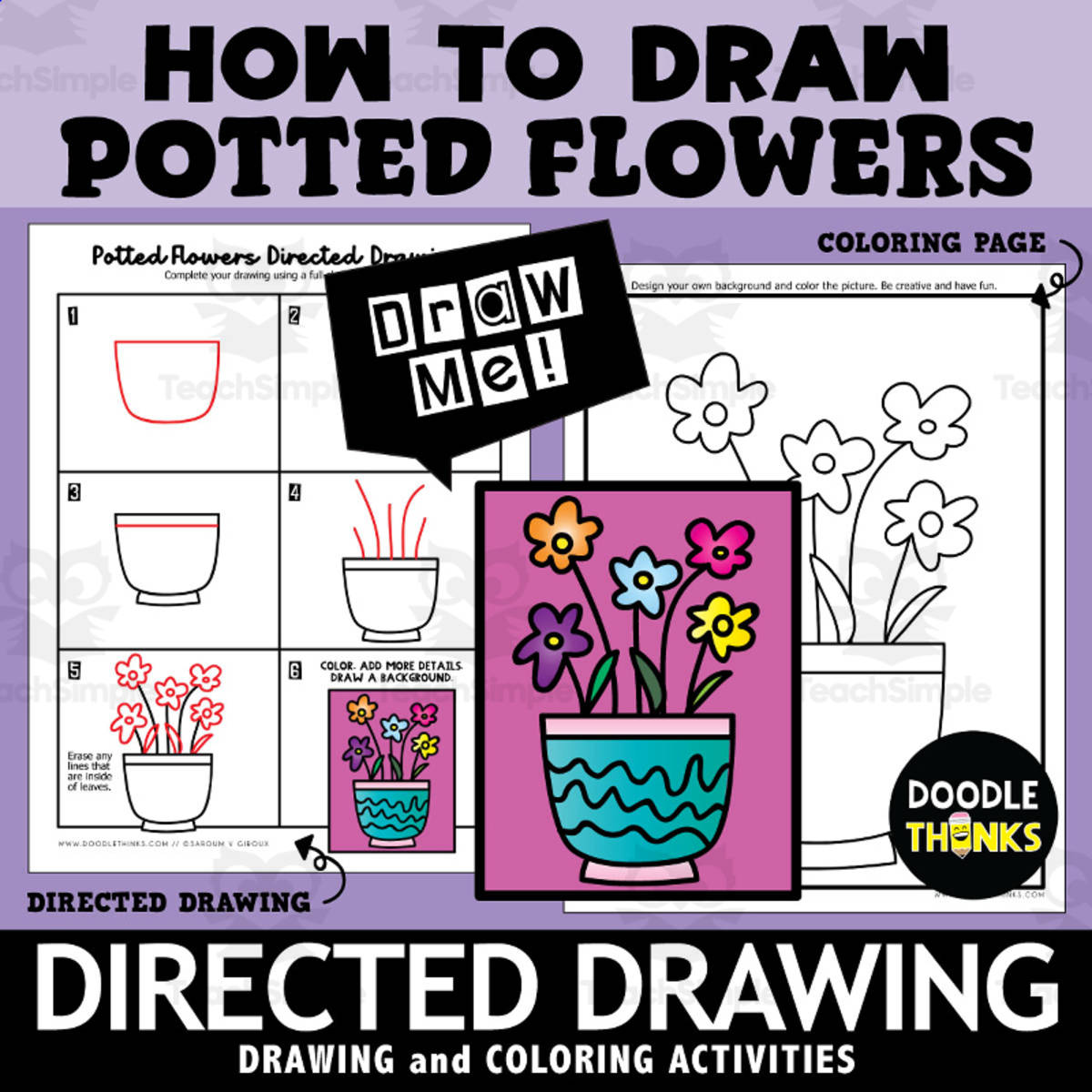 An educational teaching resource from Doodle Thinks entitled Potted Flowers Directed Drawing | How To Draw downloadable at Teach Simple.