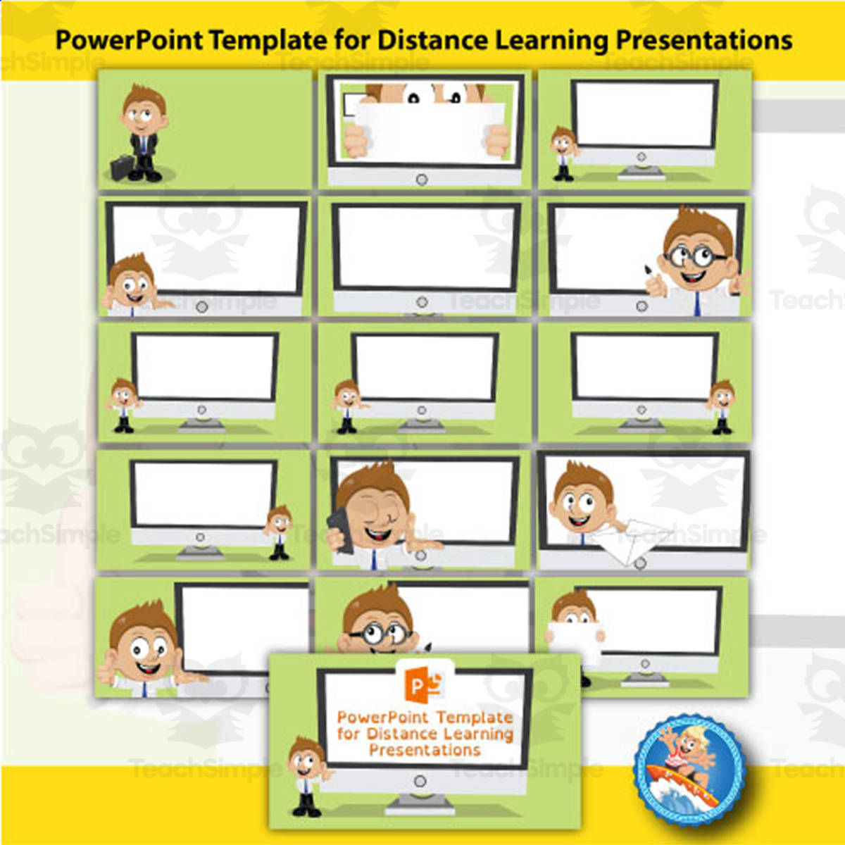 An educational teaching resource from Surfer Kids Clip Art entitled PowerPoint Template with Computer Screen and Teacher downloadable at Teach Simple.