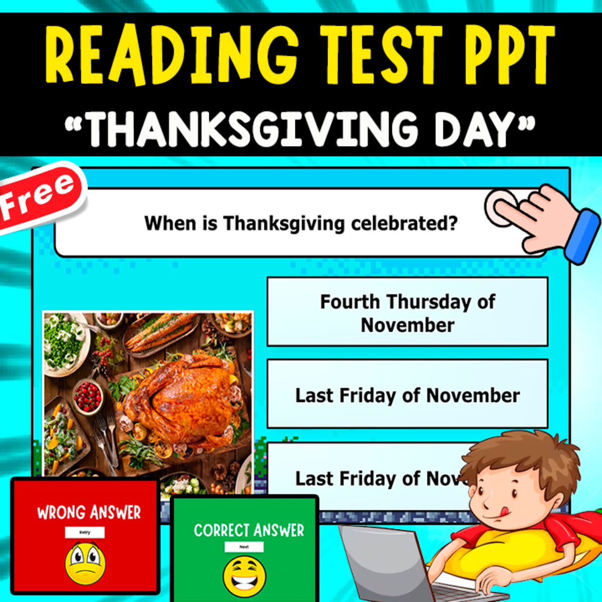 An educational teaching resource from EDITORIAL LAURA EDUCA entitled PPT COMPREHENSION QUIZ | THANKSGIVING DAY | 10 QUESTIONS downloadable at Teach Simple.