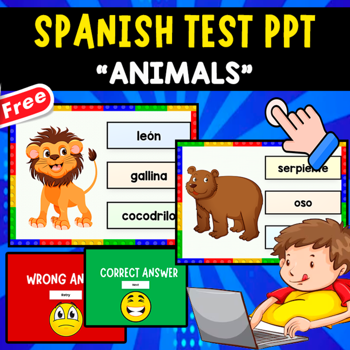 An educational teaching resource from EDITORIAL LAURA EDUCA entitled PPT QUIZ GAME | SPANISH ANIMALS | VOCABULARY downloadable at Teach Simple.