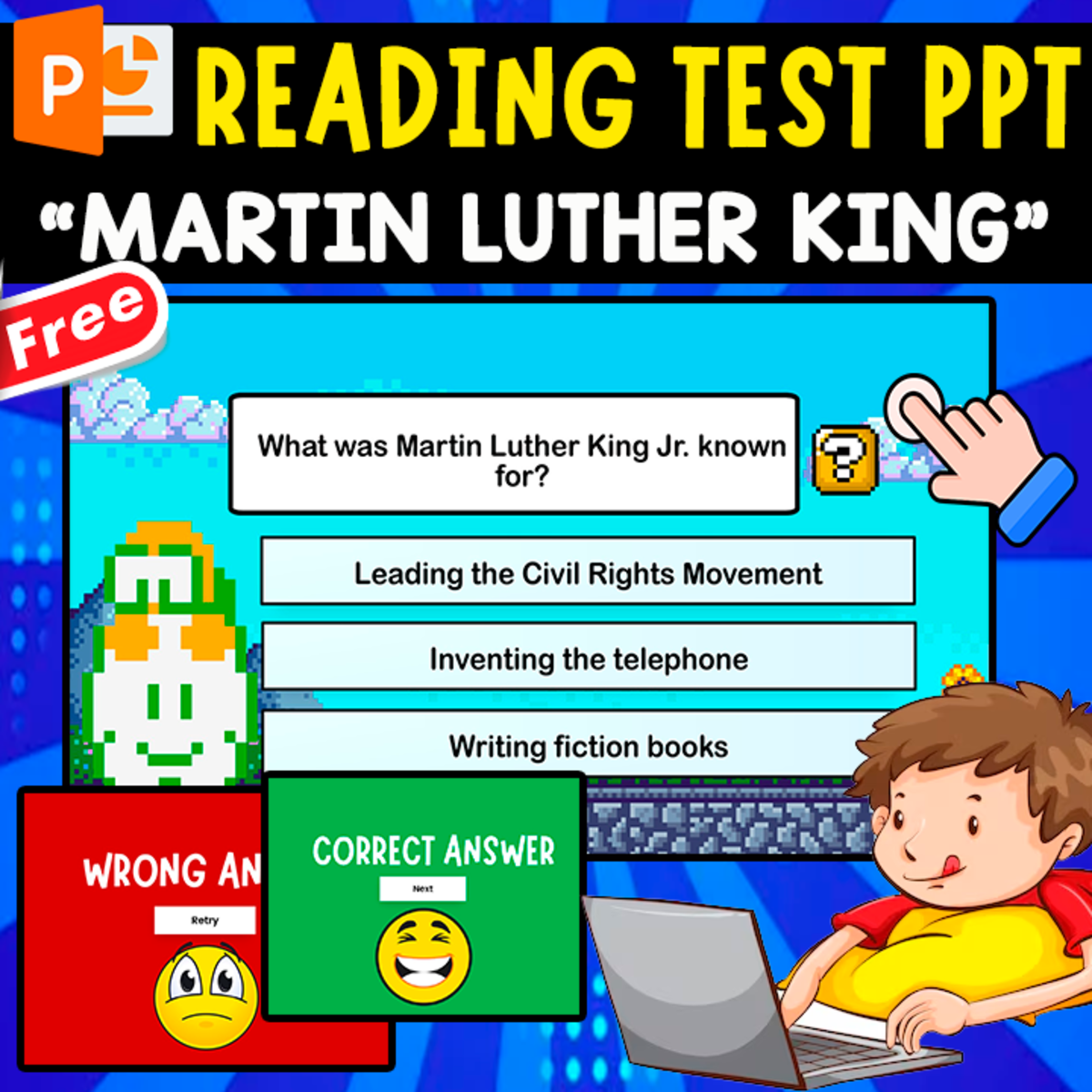 An educational teaching resource from EDITORIAL LAURA EDUCA entitled PPT QUIZ READING-COMPREHENSION | MARTIN LUTHER KING downloadable at Teach Simple.