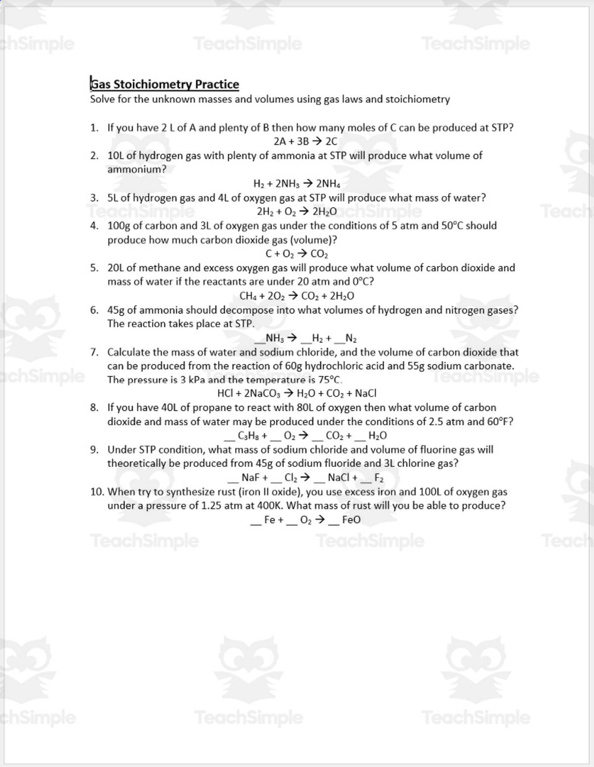 An educational teaching resource from Schrim's Chem entitled Practice: Gas Stoichiometry downloadable at Teach Simple.