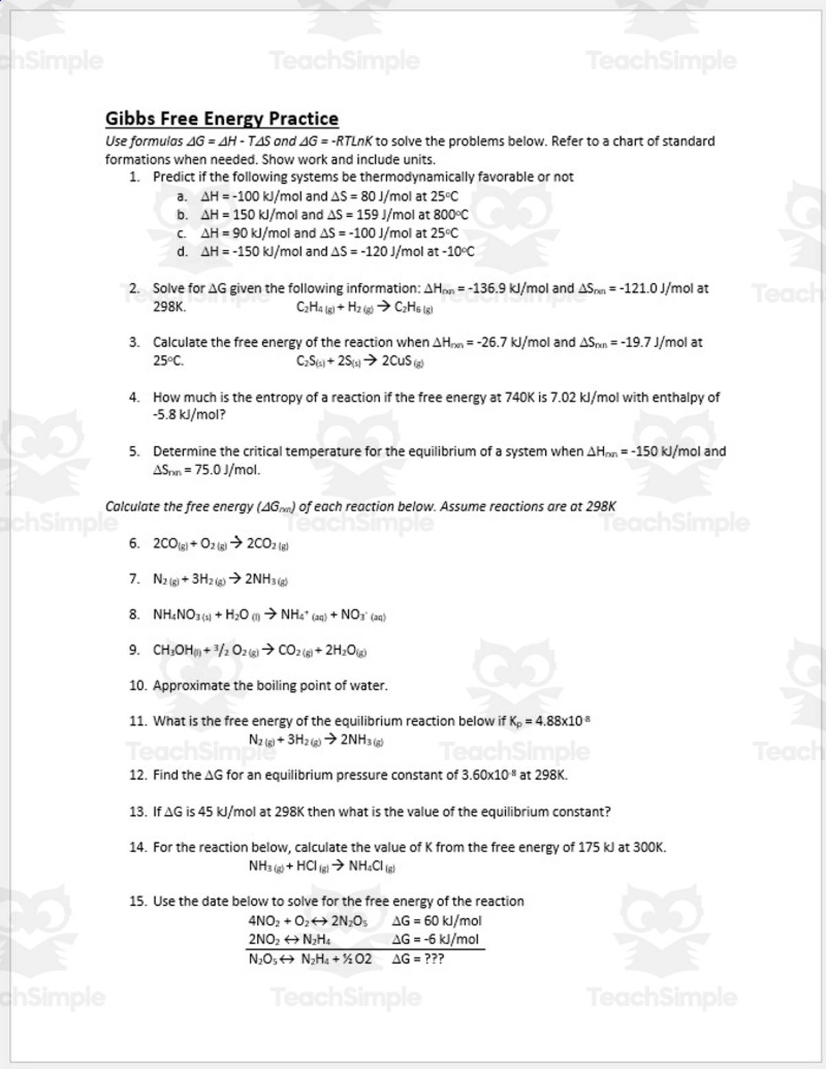 An educational teaching resource from Schrim's Chem entitled Practice: Gibbs Free Energy downloadable at Teach Simple.