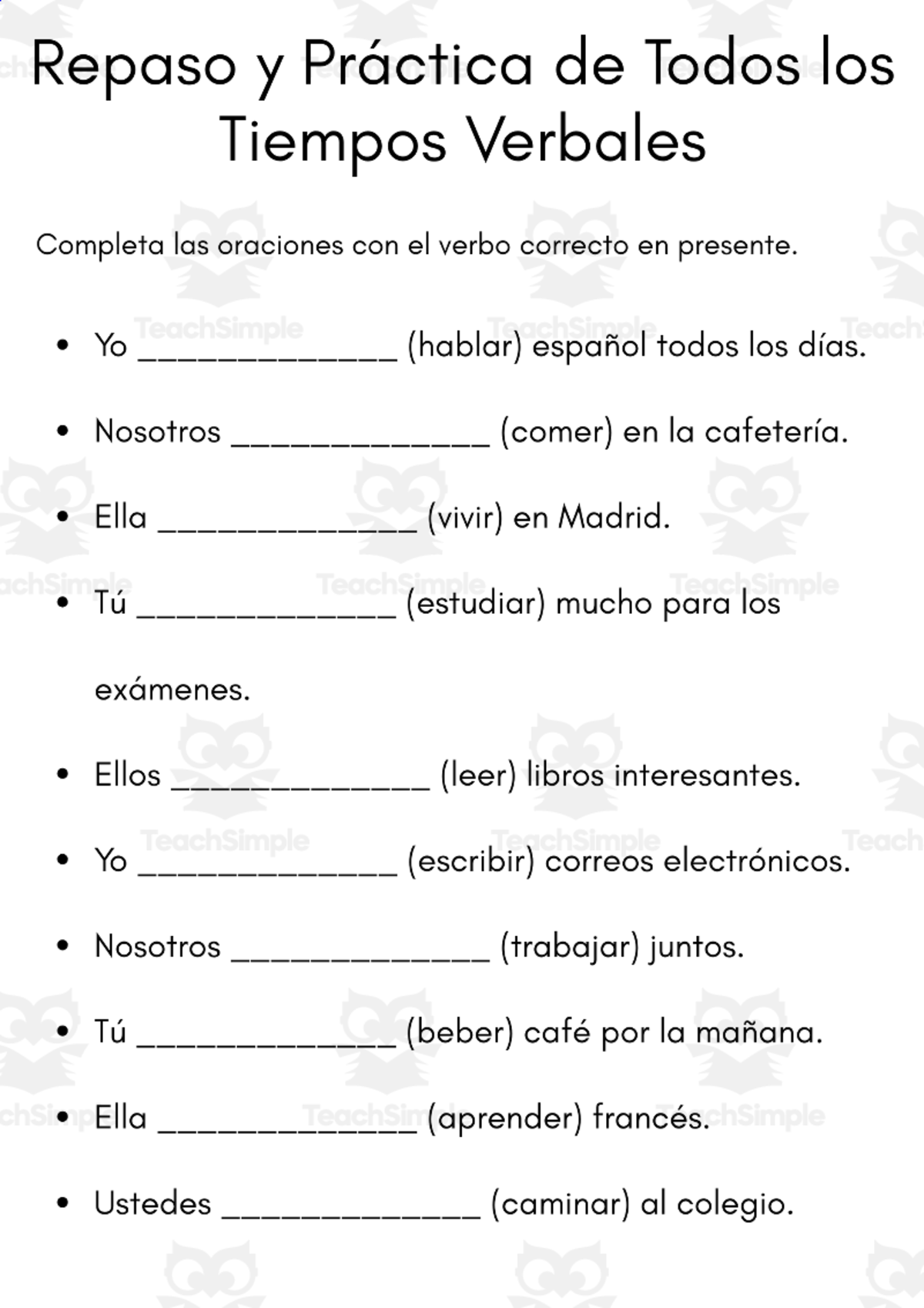 An educational teaching resource from MultiLingual Grammar Lab entitled Practice of All Spanish Tenses Worksheet downloadable at Teach Simple.