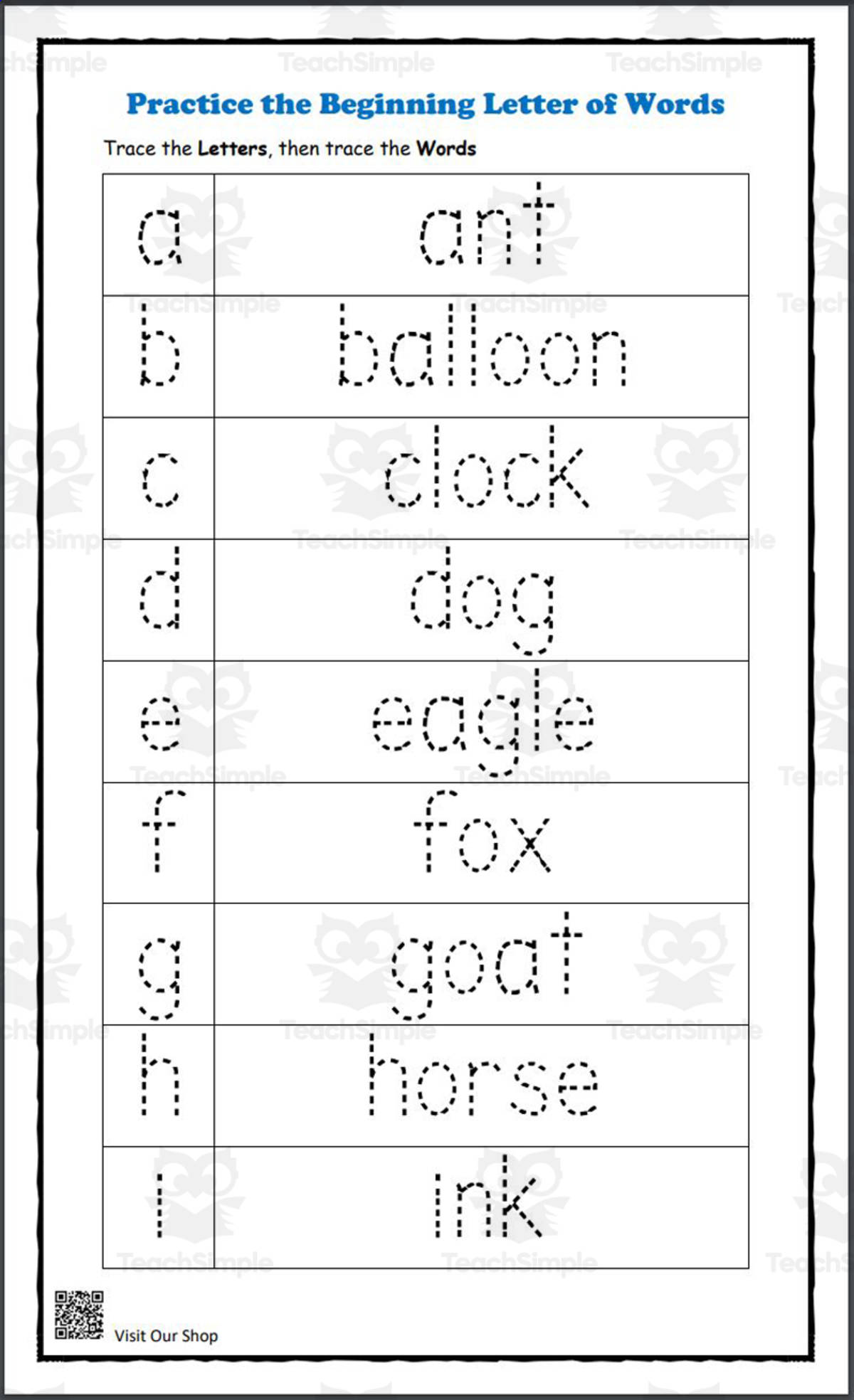 An educational teaching resource from KD's Kids School Shop entitled Practice the Beginning Letter Sounds of Words Preschool Homeschool Worksheet downloadable at Teach Simple.