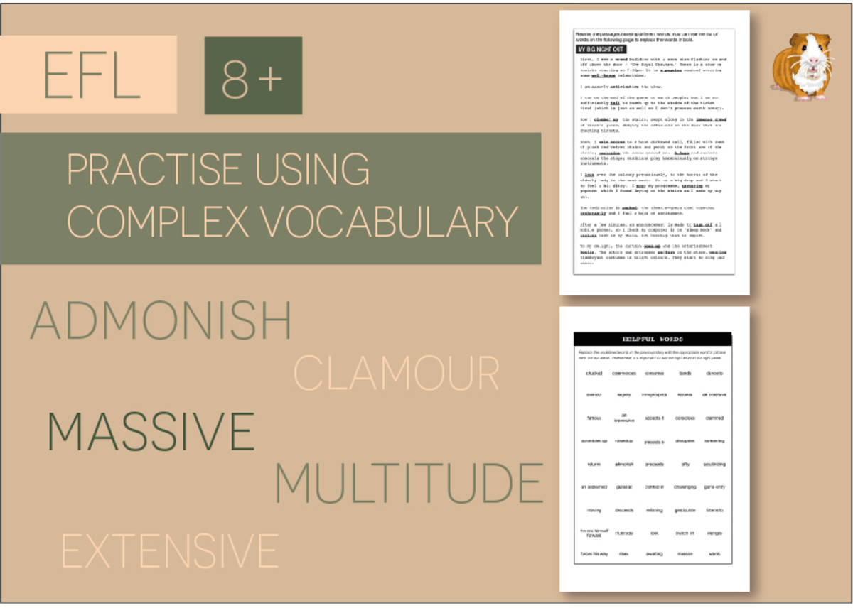 An educational teaching resource from Guinea Pig Education entitled Practise Using Complex Vocabulary: Zoggy's Big Night Out (EFL Work Pack) 8+ downloadable at Teach Simple.
