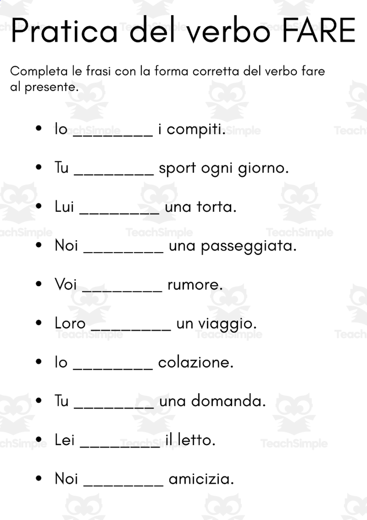 An educational teaching resource from MultiLingual Grammar Lab entitled Pratica del verbo FARE - italian verb fare exercises downloadable at Teach Simple.