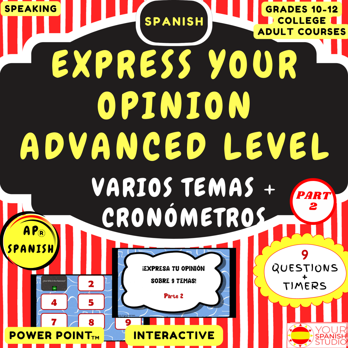 An educational teaching resource from Your Spanish Studio entitled PRE and AP Spanish Speaking practice 9 Topics Part 2 NoPrep Advanced downloadable at Teach Simple.