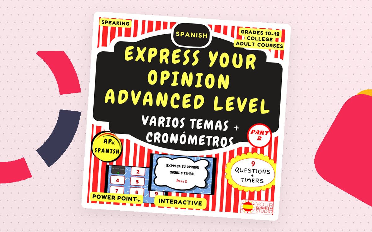 An educational teaching resource from Your Spanish Studio entitled PRE and AP Spanish Speaking practice 9 Topics Part 2 NoPrep Advanced downloadable at Teach Simple.