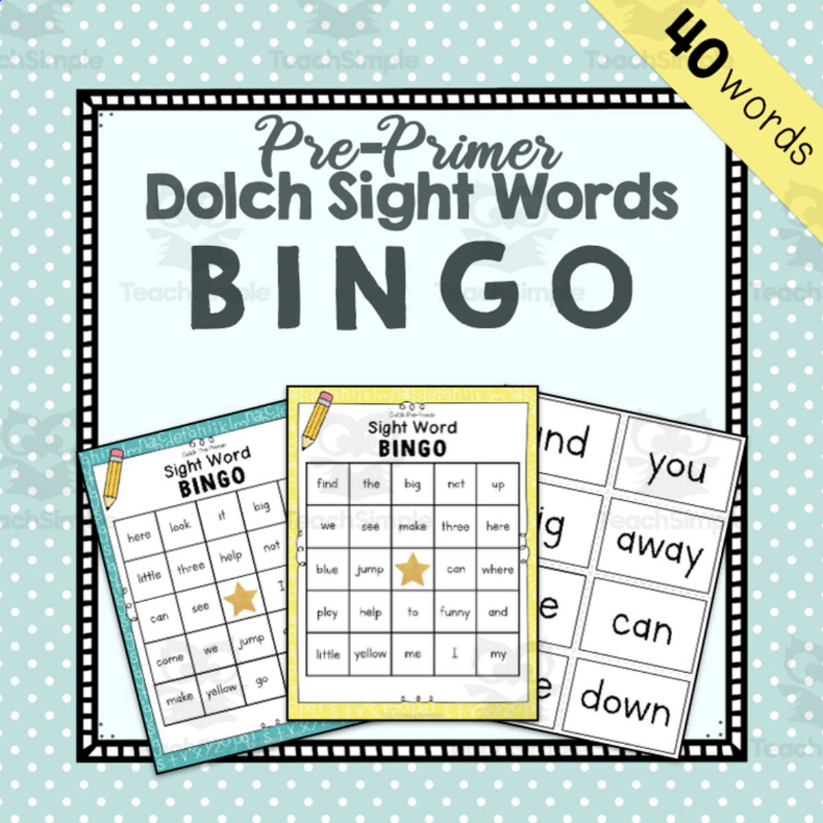 An educational teaching resource from Simply Schoolgirl entitled Pre-Primer Sight Word Bingo downloadable at Teach Simple.