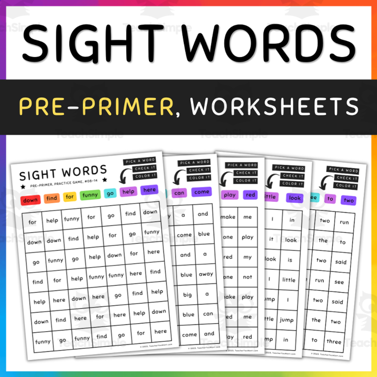 An educational teaching resource from TeacherYouWant entitled Pre-Primer Sight Words, Color by Sight Words Practice Game - SET 9 (a) downloadable at Teach Simple.