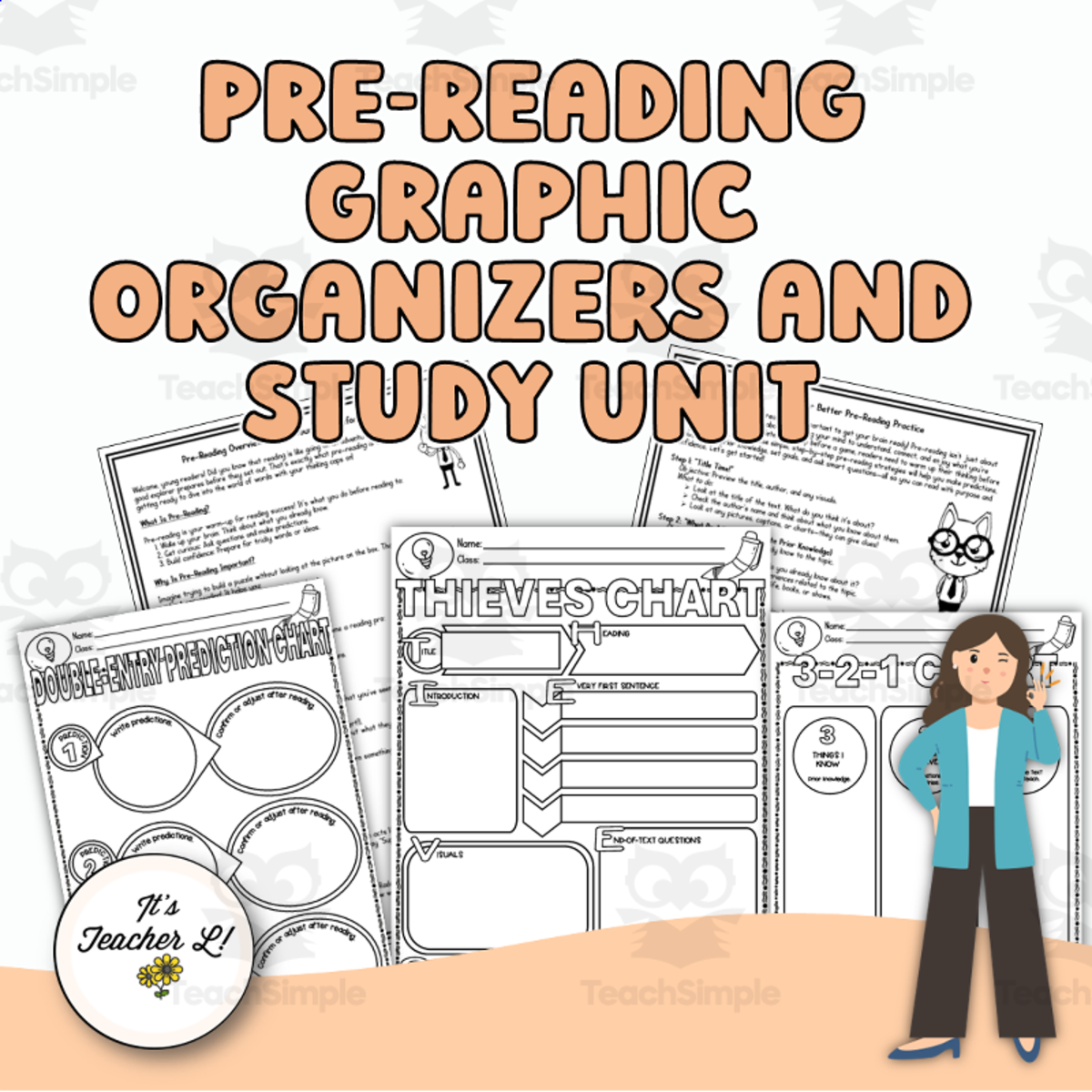 An educational teaching resource from It's Teacher L entitled Pre-Reading Templates Graphic Organizers and Study Unit Grade 6 7 8 EL downloadable at Teach Simple.