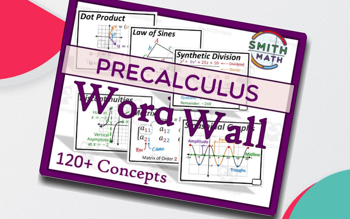 An educational teaching resource from Smith Math entitled PreCalculus Word Wall downloadable at Teach Simple.