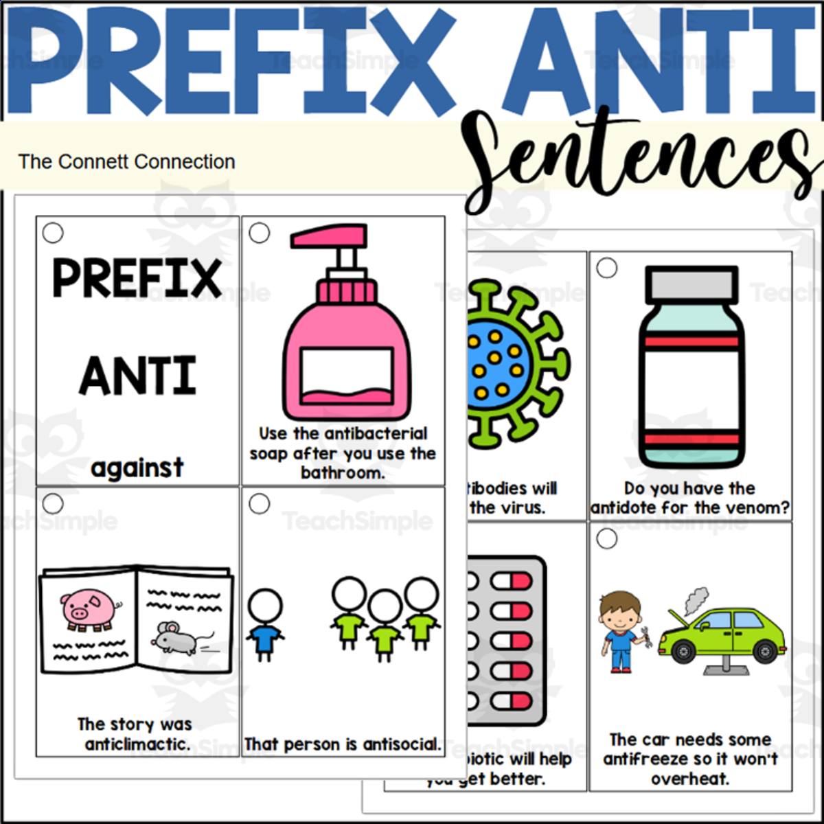 An educational teaching resource from The Connett Connection entitled Prefix ANTI Sentence Reading Rings downloadable at Teach Simple.