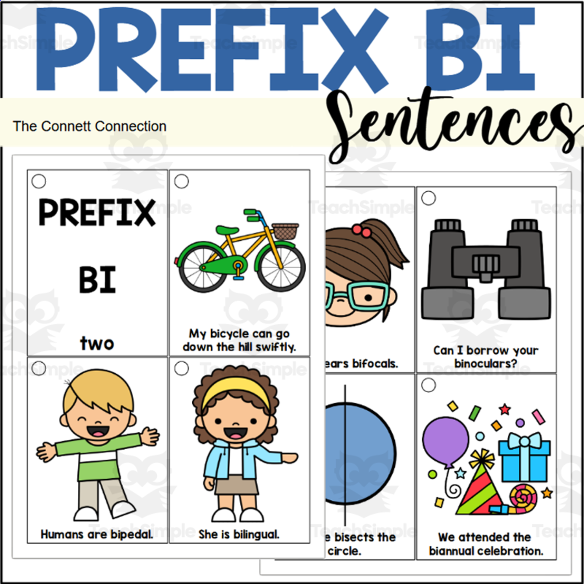 An educational teaching resource from The Connett Connection entitled Prefix BI Sentence Reading Rings downloadable at Teach Simple.