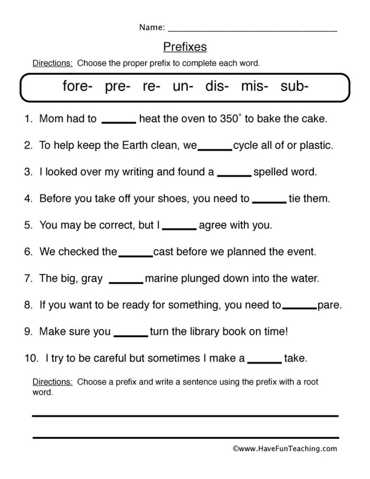 An educational teaching resource from Have Fun Teaching entitled Prefix Fill in the Blank Worksheet downloadable at Teach Simple.