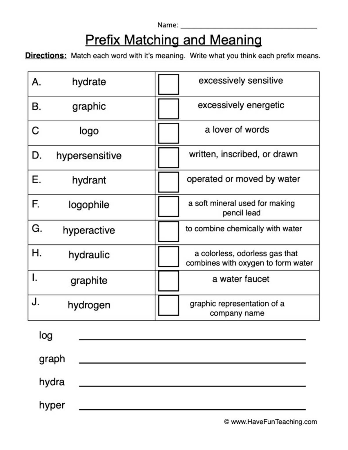 An educational teaching resource from Have Fun Teaching entitled Prefix Matching and Meaning Worksheet downloadable at Teach Simple.