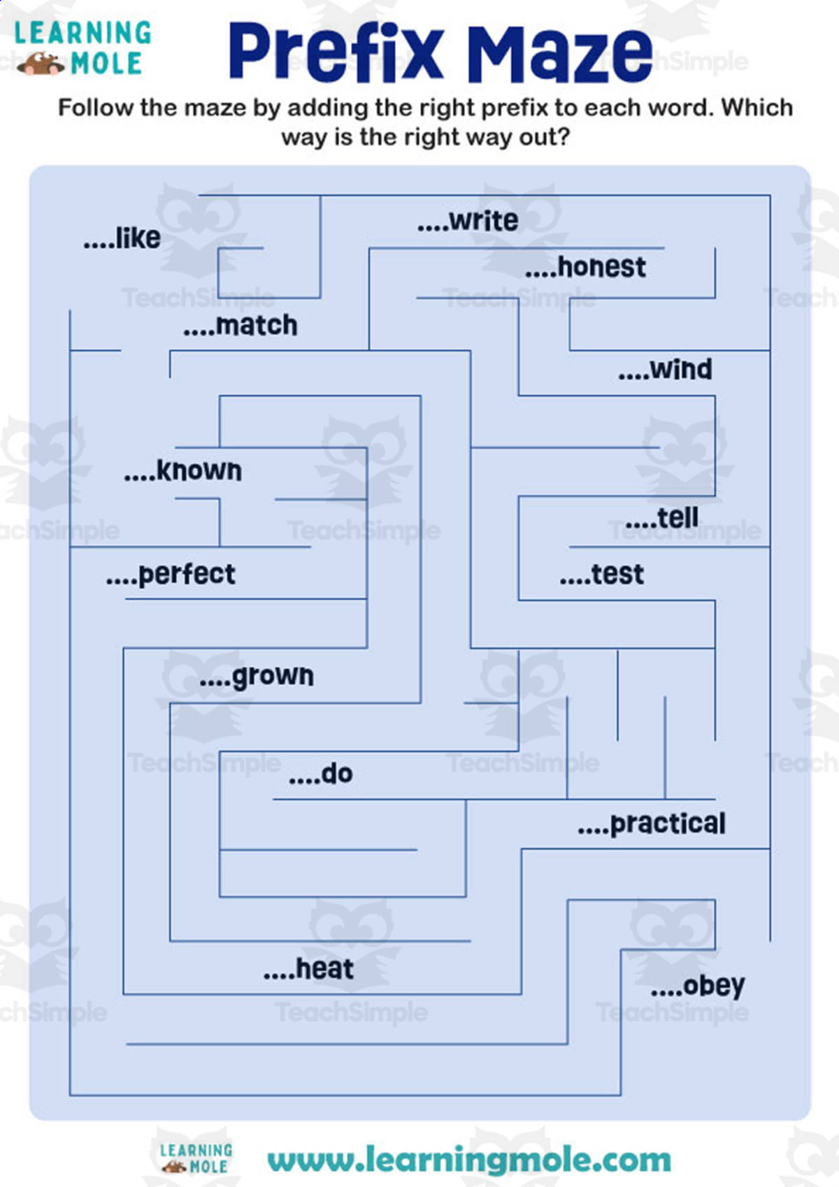 An educational teaching resource from Educational Voice entitled Prefix Maze Activity downloadable at Teach Simple.