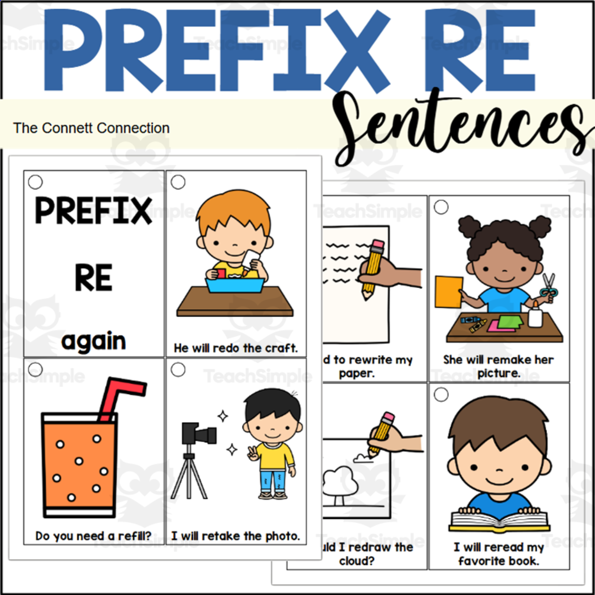 An educational teaching resource from The Connett Connection entitled Prefix Re Sentence Reading Rings downloadable at Teach Simple.