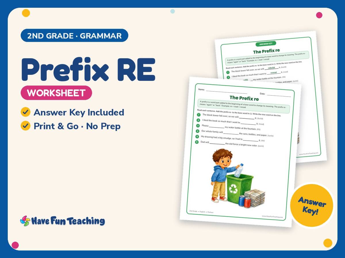 Prefix RE Worksheet – 2nd Grade Prefixes Practice + Answer Key preview