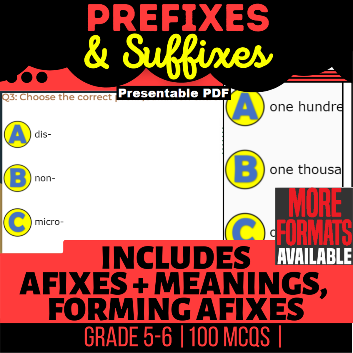 An educational teaching resource from Cored Education entitled Prefixes and Suffixes Practice Grammar Grade 5-6 (Presentable PDF) downloadable at Teach Simple.