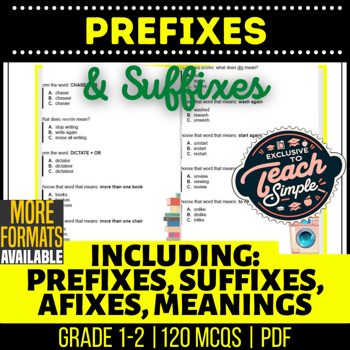 An educational teaching resource from Cored Education entitled Prefixes and Suffixes Practice Questions - Grades 1-2 Grammar (PDF) downloadable at Teach Simple.