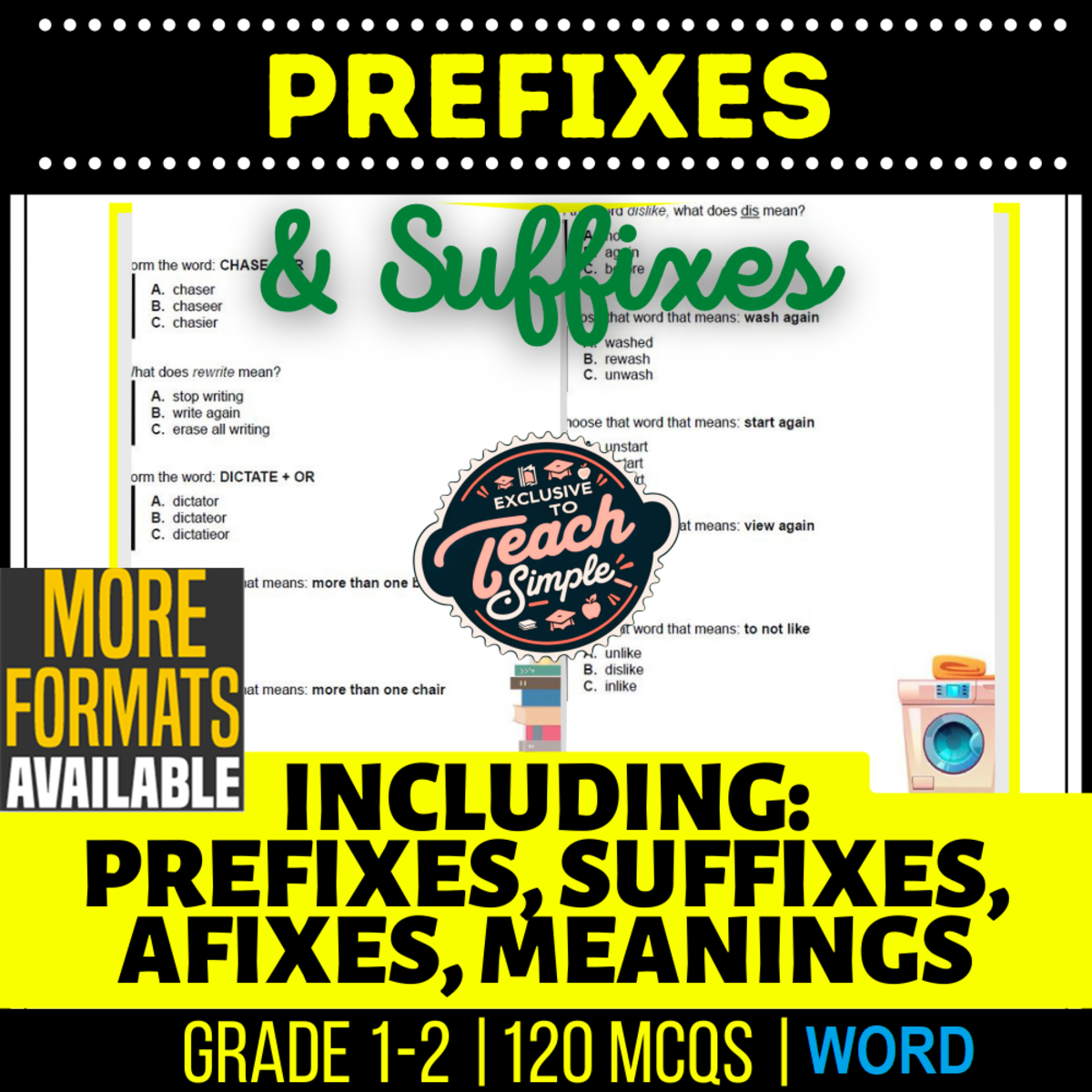 An educational teaching resource from Cored Education entitled Prefixes and Suffixes Practice Questions - Grades 1-2 Grammar (Word) downloadable at Teach Simple.