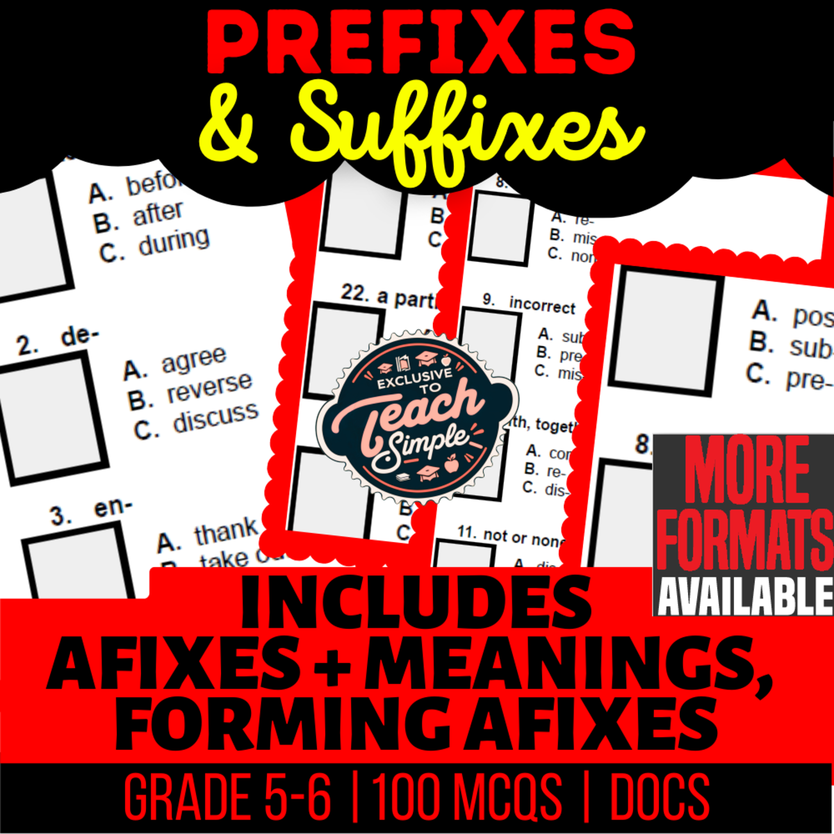 An educational teaching resource from Cored Education entitled Prefixes and Suffixes Practice Questions - Grammar Grade 5-6 (Docs) downloadable at Teach Simple.