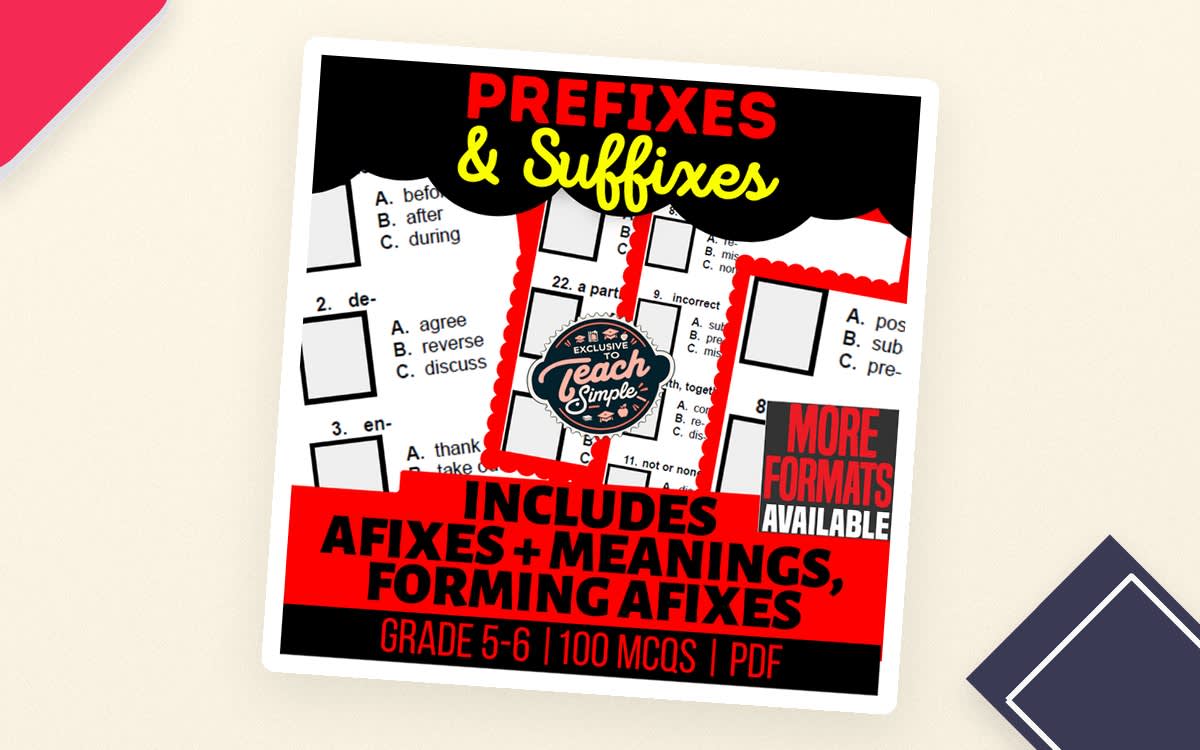 An educational teaching resource from Cored Education entitled Prefixes and Suffixes Practice Questions – Grades 5–6 downloadable at Teach Simple.