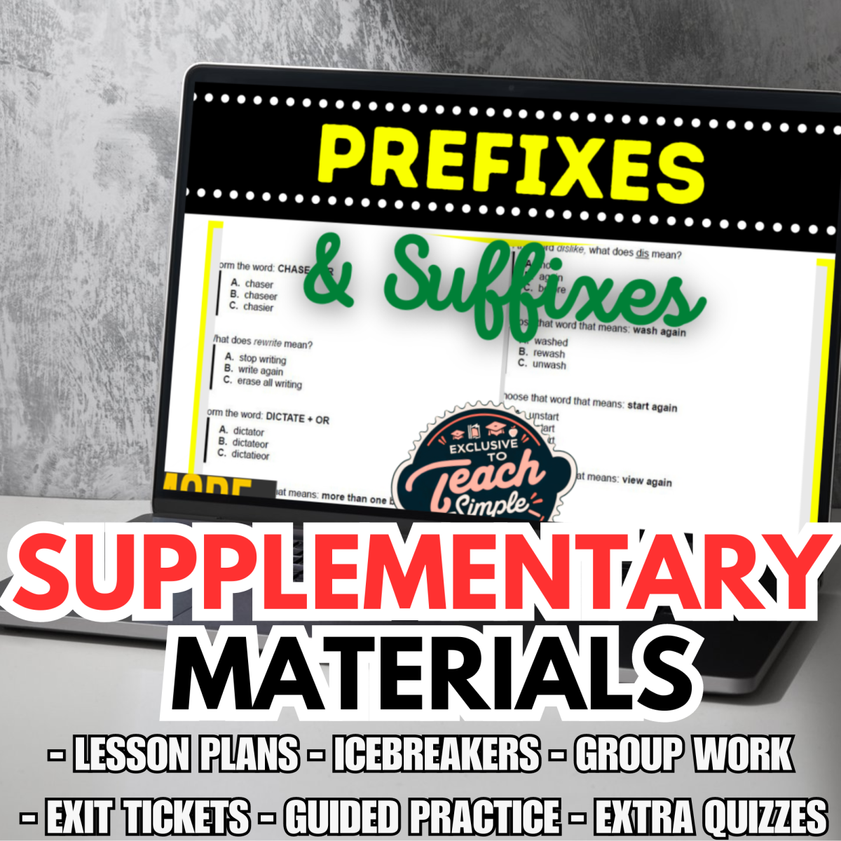 An educational teaching resource from Cored Education entitled Prefixes and Suffixes Supplementary Materials - Grades 1-2 (PDF) downloadable at Teach Simple.