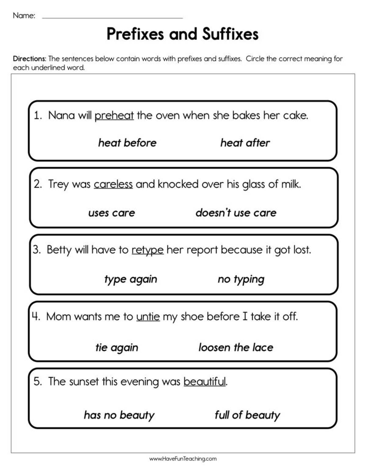 An educational teaching resource from Have Fun Teaching entitled Prefixes and Suffixes Worksheet downloadable at Teach Simple.