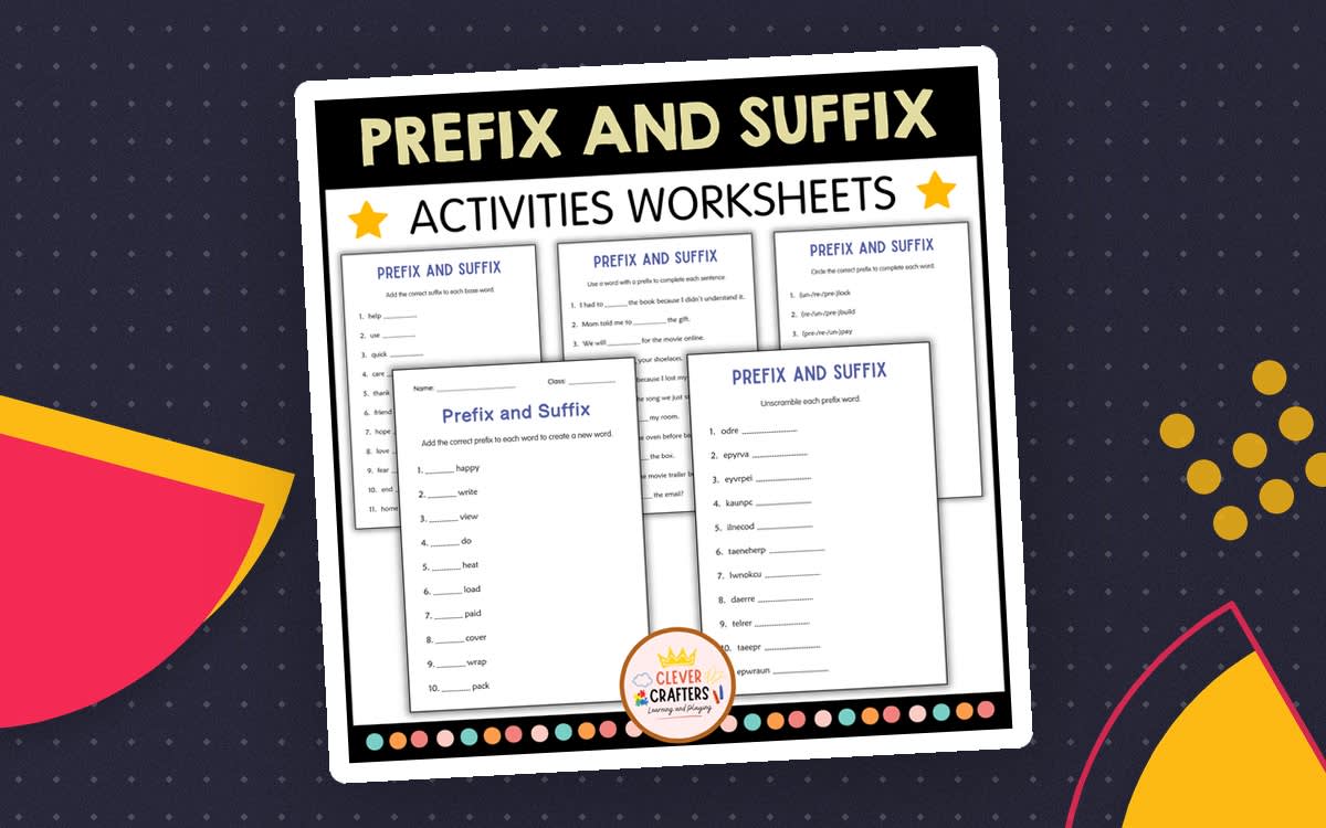 An educational teaching resource from Clever Crafters entitled Prefixes and Suffixes Worksheets and Vocabulary Activities for Grade 2 downloadable at Teach Simple.