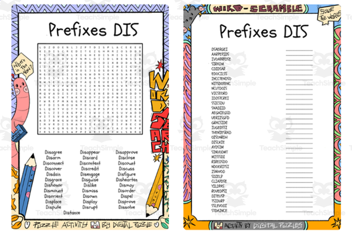An educational teaching resource from Lapiiin Art Activities entitled Prefixes DIS word search & scramble downloadable at Teach Simple.
