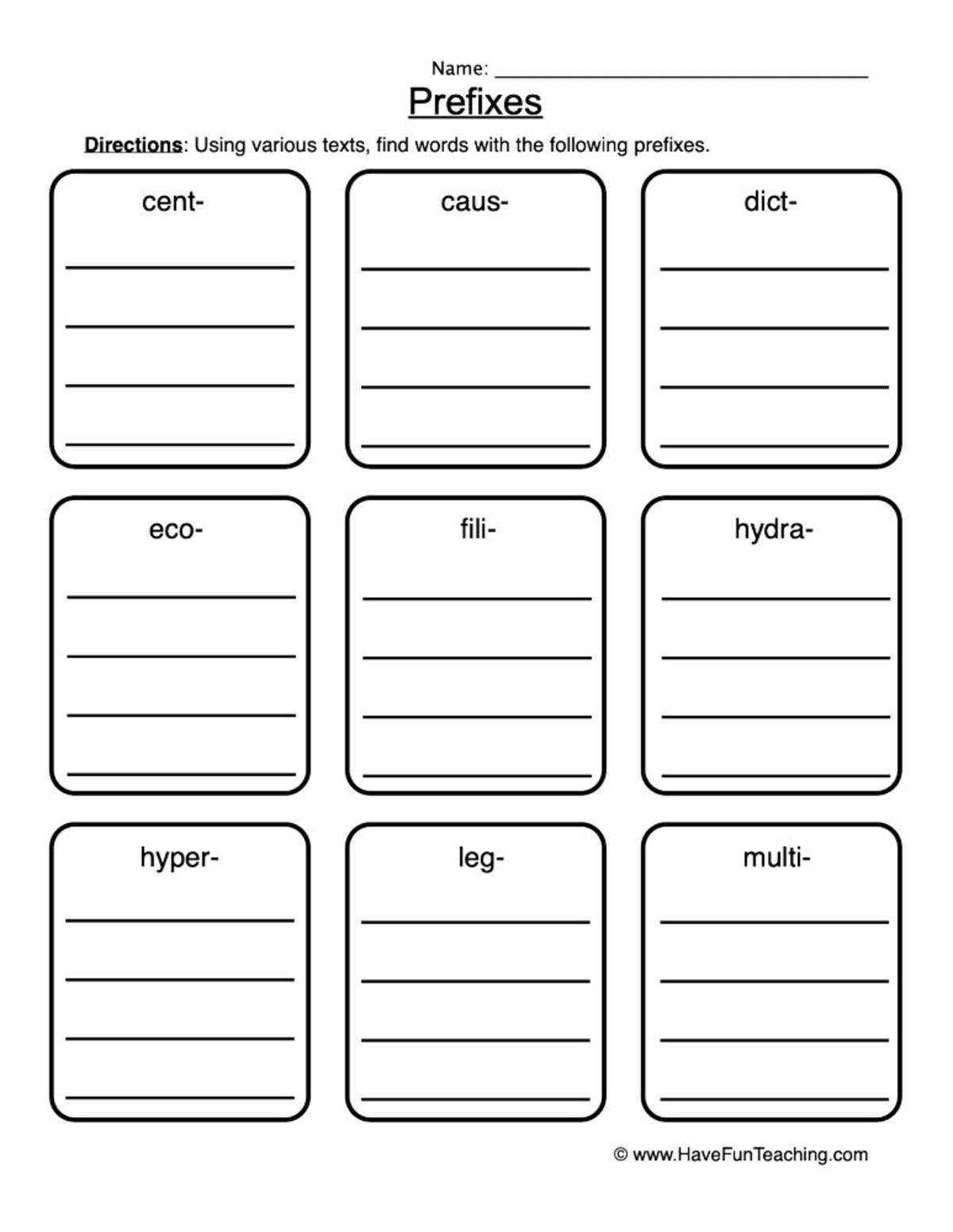 An educational teaching resource from Have Fun Teaching entitled Prefixes List Worksheet downloadable at Teach Simple.
