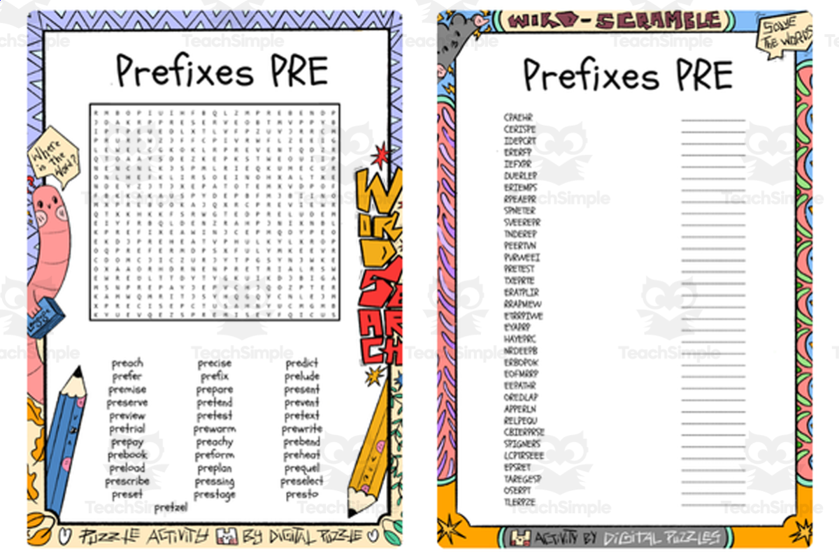 An educational teaching resource from Lapiiin Art Activities entitled Prefixes PRE word search & scramble downloadable at Teach Simple.